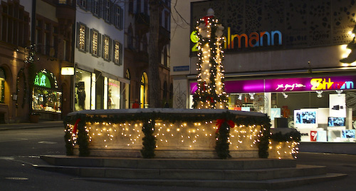 Fountain with Christmas lights